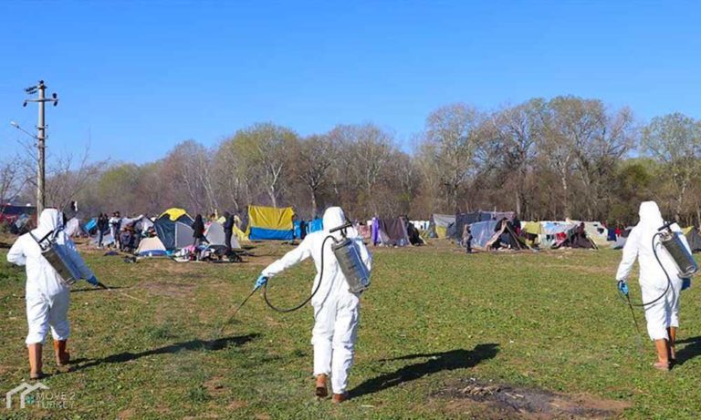 Sterilization of refugees gathering places on the Greek border