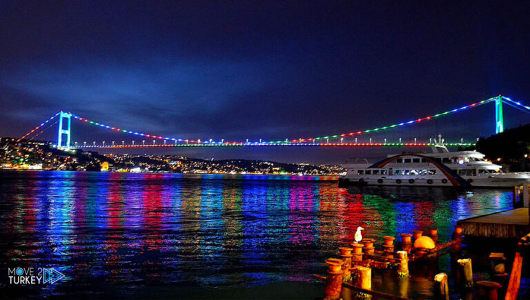 Istanbul.. Fatih Bridge shining in the colors of the Azerbaijani flag