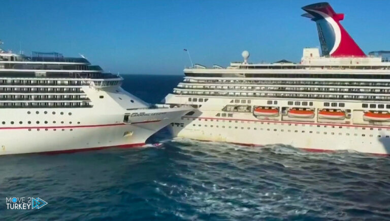 Two giant cruise ships docked in a Turkish resort