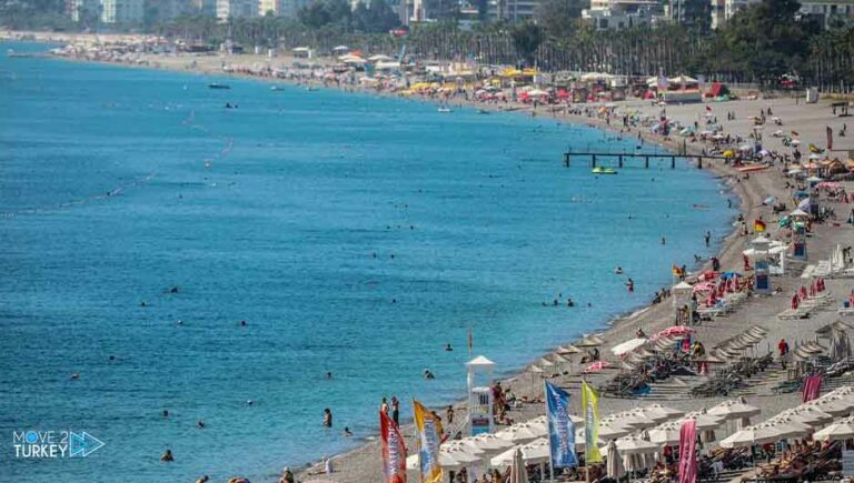 Citizens and tourists enjoying the sunny weather on the beaches of Antalya