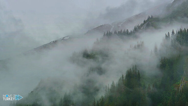 Fog covers the peaks of the Tuncili Mountains in Turkey